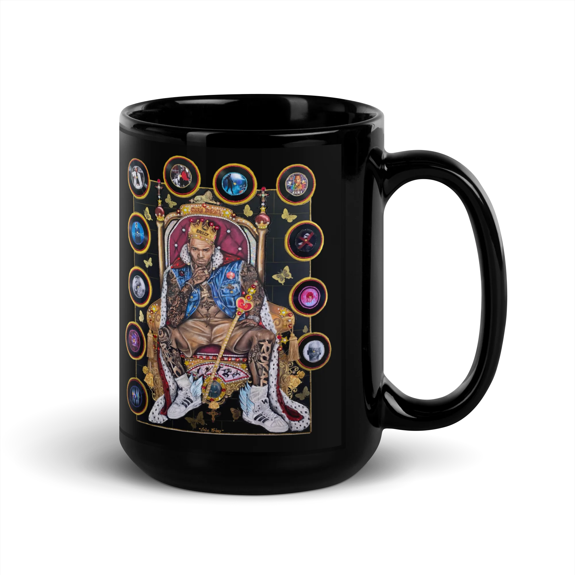 "20 YEARS OF CHRIS BROWN" BY ERICA KRISSY Black Glossy Mug - Image 4